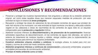 CONCLUSIONES Y RECOMENDACIONES
 Preservar y proteger las muestras representativas más singulares y valiosas de su dotación ambiental
original, así como todas aquellas áreas que merecen especiales medidas de protección: con esta
actividad se logra el sistema de áreas protegidas.
 Recuperar y proteger las áreas de cabeceras de las principales corrientes de aguas que proveen de
este vital recurso a los municipios: con esta actividad se logra mantener una densa y adecuada cubierta
vegetal en las cabeceras o áreas de nacimientos de las corrientes de agua; éste es un requisito
indispensable para la protección y regulación hídrica.
 Adelantar acciones intensas de descontaminación y de prevención de la contaminación: financiar
actividades específicas de descontaminación, en las corrientes de aguas más alteradas, así como el
sistema de tratamiento de residuos líquidos y sólidos, otorgar créditos para la implementación de
tecnologías limpias para disminuir los impactos ambientales.
 Construir ambientes urbanos amables y estéticos: la ecología urbana, la ciudad para vivir con
respeto y normas de control del medio ambiente urbano.
 Adelantar programas intensos y continuos de concienciación y educación ambientales: programar
actividades permanentes de concienciación ambiental.
 Priorizar el medio ambiente como un todo
 