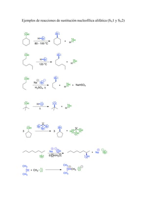 Ejemplos de reacciones de sustitución nucleofílica alifática (SN1 y SN2)
H
OH
H
OH
H
OH
H
OH
P OH
OH
HO
OH
OH
Na+ Br
Br
Na
EtOH/H2O
CH3
S
CH3
CH3 I+
CH3
S
CH3
ICH3
 