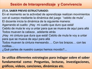 Sesión de Interaprendizaje y Convivencia
(7) A. SABER PREVIO ESTRUCTURADO:
En el momento se la actividad de aprendizaje realizan movimientos
con el cuerpo mediante la dinámica del juego “cebito de mula” .
El docente inicia la dinámica de la siguiente manera:
Agarrando el cuello: ¡Hay mi cuello que duro que está!
Cebito de mula le voy a untar para que se mueva de aquí para allá
Todos mueven la cabeza , adelante atrás
¡Hay mi cintura que dura que está! Cebito de mula le voy a untar
para que se mueva de aquí para allá
Todos mueven la cintura meneando…. Con los brazos… con las
rodillas…
¿Qué partes de nuestro cuerpo hemos movido?...
Se utiliza diferentes estrategias para indagar sobre el saber
fundamental como: Preguntas, lecturas, investigaciones,
gráficos, videos, canciones, dinámicas etc.
 