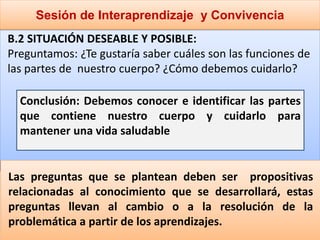 Sesión de Interaprendizaje y Convivencia
B.2 SITUACIÓN DESEABLE Y POSIBLE:
Preguntamos: ¿Te gustaría saber cuáles son las funciones de
las partes de nuestro cuerpo? ¿Cómo debemos cuidarlo?
Conclusión: Debemos conocer e identificar las partes
que contiene nuestro cuerpo y cuidarlo para
mantener una vida saludable
Las preguntas que se plantean deben ser propositivas
relacionadas al conocimiento que se desarrollará, estas
preguntas llevan al cambio o a la resolución de la
problemática a partir de los aprendizajes.
 