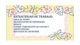 ESTRATEGIAS DE TRABAJO.
LINEA DE TIEMPO
ESCENIFICACIÓN DE PERSONAJES.
DEBATE
CUADRO COMPARATIVO DE CAUSAS Y
CONSECUENCIAS.
REFLEXIÓN DE LOS HECHOS.
 
