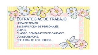 ESTRATEGIAS DE TRABAJO.
LINEA DE TIEMPO
ESCENIFICACIÓN DE PERSONAJES.
DEBATE
CUADRO COMPARATIVO DE CAUSAS Y
CONSECUENCIAS.
REFLEXIÓN DE LOS HECHOS.

 