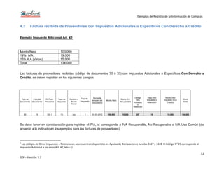 Ejemplos de Registro de la Información de Compras
12
SDF– Versión 3.1
4.2 Factura recibida de Proveedores con Impuestos Adicionales o Específicos Con Derecho a Crédito.
Ejemplo Impuesto Adicional Art. 42:
Monto Neto 100.000
19% IVA 19.000
15% ILA (Vinos) 15.000
Total 134.000
Las facturas de proveedores recibidas (código de documentos 30 ó 33) con Impuestos Adicionales o Específicos Con Derecho a
Crédito, se deben registrar en los siguientes campos:
Tipo de
Documento
Folio del
Documento
RUT del
Proveedor
Tasa de
Impuesto
Nombre o
Razón
Social
Tipo de
Impuesto
Fecha de
emisión del
Documento
Monto Neto
Monto IVA
Recuperable
Código
Otro
Impuesto
o
Retención
Tasa Otro
Impuesto o
Retención
Monto Otro
Impuesto (Con
Crédito)
Monto
Total
30 10 123-1 19 xxx 1 01-01-2012 100.000 19.000 25
1
15 15.000 134.000
Se debe tener en consideración para registrar el IVA, si corresponde a IVA Recuperable, No Recuperable o IVA Uso Común (de
acuerdo a lo indicado en los ejemplos para las facturas de proveedores).
1
Los códigos de Otros Impuestos y Retenciones se encuentran disponibles en Ayudas de Declaraciones Juradas 3327 y 3328. El Código N° 25 corresponde al
Impuesto Adicional a los vinos Art. 42, letra c).
 