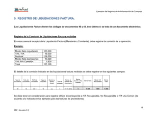 Ejemplos de Registro de la Información de Compras
16
SDF– Versión 3.1
5. REGISTRO DE LIQUIDACIONES FACTURA.
Las Liquidaciones Factura tienen los códigos de documentos 40 y 43, éste último si se trata de un documento electrónico.
Registro de la Comisión de Liquidaciones Factura recibidas
En estos casos el receptor de la Liquidación Factura (Mandante o Comitente), debe registrar la comisión de la operación.
Ejemplo:
Monto Neto Liquidación 100.000
19% IVA 19.000
Subtotal 119.000
Monto Neto Comisiones 10.000
19% IVA Comisión 1.900
Total 107.100
El detalle de la comisión indicado en las liquidaciones factura recibidas se debe registrar en los siguientes campos:
Tipo de
Documento
Folio del
Documento
RUT del
Proveedor
Tasa de
Impuesto
Nombre o
Razón
Social
Tipo de
Impuesto
Fecha de
emisión del
Documento
Monto
Exento o No
Gravado
Monto Neto
Monto IVA
Recuperable
Monto
Total
40 10 123-1 19 xxx 1 01-01-2012 0 10.000 1.900 11.900
Se debe tener en consideración para registrar el IVA, si corresponde a IVA Recuperable, No Recuperable o IVA Uso Común (de
acuerdo a lo indicado en los ejemplos para las facturas de proveedores).
 