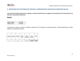 Ejemplos de Registro de la Información de Compras
17
SDF– Versión 3.1
6. REGISTRO DE FACTURAS DE VENTAS Y SERVICIOS NO AFECTOS O EXENTOS DE IVA.
Las Facturas de Ventas y Servicios no afectos o exentos de IVA tienen los códigos de documentos 32 y 34, éste último si se
trata de un documento electrónico.
Ejemplo:
Monto Exento 100.000
Monto Total 100.000
Las facturas de ventas y servicios no afectos o exentos de IVA manuales y las facturas afectas o exentas electrónicas se deben
registrar en los siguientes campos:
Tipo de
Documento
Folio del
Documento
RUT del
Proveedor
Nombre o
Razón
Social
Fecha de
emisión del
Documento
Monto
Exento o No
Gravado
Monto
Total
32 10 123-1 xxx 01-01-2012 100.000 100.000
 