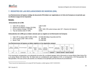 Ejemplos de Registro de la Información de Compras
18
SDF– Versión 3.1
7. REGISTRO DE LAS DECLARACIONES DE INGRESO (DIN).
Las Declaraciones de Ingreso (código de documento 914) deben ser registradas en el Libro de Compras en el periodo que
se efectúe el pago de los impuestos.
Ejemplo:
Antecedentes de la DIN:
Valor CIF en dólares : US$ 10.000
Derecho Ad Valorem (Código 223 DIN) : 0%
IVA en dólares (Código 178 DIN) : US$ 1.900 (19% sobre la base valor CIF + Derecho Ad Valorem)
Tipo de Cambio (Cód. 61 DIN) : $ 500
Antecedentes de la DIN que se deben calcular para su registro en la Información de Compras:
Valor CIF en pesos (US$ 10.000 x $ 500) : $ 5.000.000 (Base Imponible del IVA)
IVA en pesos (US$ 1.900 x $ 500) : $ 950.000
Monto Total : $ 5.950.000
Las Declaraciones de Ingreso se deben registrar en los siguientes campos:
Tipo de
Documento
Folio del
Documento
RUT del Proveedor3 Tasa de
Impuesto
Nombre o
Razón
Social
Tipo de
Impuesto
Fecha de
emisión del
Documento
Monto Neto Monto IVA
Recuperable
Monto
Neto
Activo
Fijo
Monto
IVA
Activo
Fijo
Monto
Total
914 10 55.555.555-5 19 xxx 1 01-01-2012 5.000.000 950.000 5.000.000 950.000 5.950.000
Si la importación corresponde a una adquisición de activo fijo, se deberá agregar dicha información al campo Monto Neto Activo Fijo
y al campo Monto IVA Activo Fijo. Se debe tener en consideración para registrar el IVA, si corresponde a IVA Recuperable, No
Recuperable o IVA Uso Común (de acuerdo a lo indicado en los ejemplos para las facturas de proveedores).
3
Para el caso de las importaciones en el campo RUT del Proveedor, se debe ingresar el RUT: 55.555.555-5
 