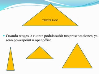 TERCER PASOhCuando tengas la cuenta podrás subir tus presentaciones, ya sean powerpoint u openoffice. 