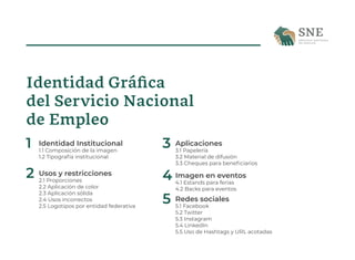 Identidad Gráfica
del Servicio Nacional
de Empleo
1 Identidad Institucional
1.1 Composición de la imagen
1.2 Tipografía in...