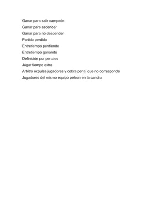 Ganar para salir campeón
Ganar para ascender
Ganar para no descender
Partido perdido
Entretiempo perdiendo
Entretiempo ganando
Definición por penales
Jugar tiempo extra
Arbitro expulsa jugadores y cobra penal que no corresponde
Jugadores del mismo equipo pelean en la cancha
 