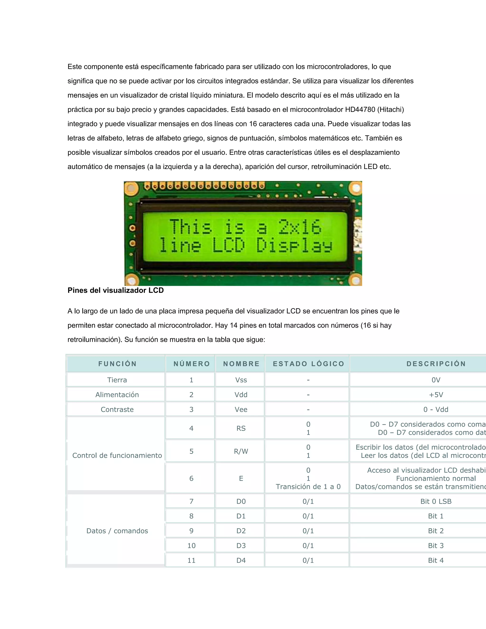Este componente está específicamente fabricado para ser utilizado con los microcontroladores, lo que
significa que no se puede activar por los circuitos integrados estándar. Se utiliza para visualizar los diferentes
mensajes en un visualizador de cristal líquido miniatura. El modelo descrito aquí es el más utilizado en la
práctica por su bajo precio y grandes capacidades. Está basado en el microcontrolador HD44780 (Hitachi)
integrado y puede visualizar mensajes en dos líneas con 16 caracteres cada una. Puede visualizar todas las
letras de alfabeto, letras de alfabeto griego, signos de puntuación, símbolos matemáticos etc. También es
posible visualizar símbolos creados por el usuario. Entre otras características útiles es el desplazamiento
automático de mensajes (a la izquierda y a la derecha), aparición del cursor, retroiluminación LED etc.

Pines del visualizador LCD
A lo largo de un lado de una placa impresa pequeña del visualizador LCD se encuentran los pines que le
permiten estar conectado al microcontrolador. Hay 14 pines en total marcados con números (16 si hay
retroiluminación). Su función se muestra en la tabla que sigue:
FUNCIÓN

NÚMERO

NOMBRE

ESTADO LÓGICO

DESCRIPCIÓN

Tierra

1

Vss

-

0V

Alimentación

2

Vdd

-

+5V

Contraste

3

Vee

-

0 - Vdd

4

RS

0
1

D0 – D7 considerados como coman
D0 – D7 considerados como dat

5

R/W

0
1

Escribir los datos (del microcontrolador
Leer los datos (del LCD al microcontr

6

E

0
1
Transición de 1 a 0

Acceso al visualizador LCD deshabil
Funcionamiento normal
Datos/comandos se están transmitiend

7

D0

0/1

Bit 0 LSB

8

D1

0/1

Bit 1

9

D2

0/1

Bit 2

10

D3

0/1

Bit 3

11

D4

0/1

Bit 4

Control de funcionamiento

Datos / comandos

 