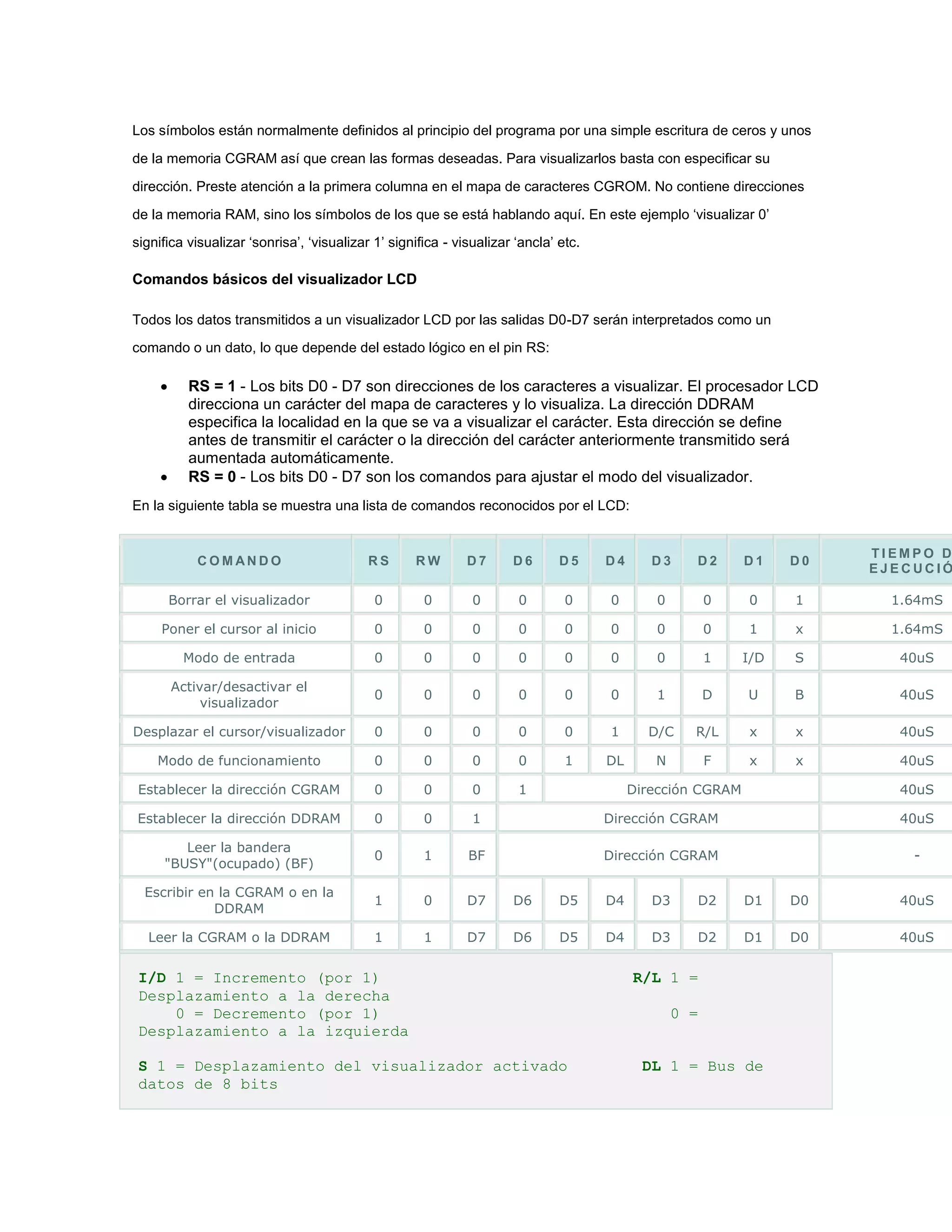 Los símbolos están normalmente definidos al principio del programa por una simple escritura de ceros y unos
de la memoria CGRAM así que crean las formas deseadas. Para visualizarlos basta con especificar su
dirección. Preste atención a la primera columna en el mapa de caracteres CGROM. No contiene direcciones
de la memoria RAM, sino los símbolos de los que se está hablando aquí. En este ejemplo ‘visualizar 0’
significa visualizar ‘sonrisa’, ‘visualizar 1’ significa - visualizar ‘ancla’ etc.

Comandos básicos del visualizador LCD
Todos los datos transmitidos a un visualizador LCD por las salidas D0-D7 serán interpretados como un
comando o un dato, lo que depende del estado lógico en el pin RS:





RS = 1 - Los bits D0 - D7 son direcciones de los caracteres a visualizar. El procesador LCD
direcciona un carácter del mapa de caracteres y lo visualiza. La dirección DDRAM
especifica la localidad en la que se va a visualizar el carácter. Esta dirección se define
antes de transmitir el carácter o la dirección del carácter anteriormente transmitido será
aumentada automáticamente.
RS = 0 - Los bits D0 - D7 son los comandos para ajustar el modo del visualizador.

En la siguiente tabla se muestra una lista de comandos reconocidos por el LCD:

TIEMPO D
EJECUCIÓ

COMANDO

RS

RW

D7

D6

D5

D4

D3

D2

D1

D0

Borrar el visualizador

0

0

0

0

0

0

0

0

0

1

1.64mS

Poner el cursor al inicio

0

0

0

0

0

0

0

0

1

x

1.64mS

Modo de entrada

0

0

0

0

0

0

0

1

I/D

S

40uS

Activar/desactivar el
visualizador

0

0

0

0

0

0

1

D

U

B

40uS

Desplazar el cursor/visualizador

0

0

0

0

0

1

D/C

R/L

x

x

40uS

Modo de funcionamiento

0

0

0

0

1

DL

N

F

x

x

40uS

Establecer la dirección CGRAM

0

0

0

1

Establecer la dirección DDRAM

0

0

1

Dirección CGRAM

40uS

Leer la bandera
"BUSY"(ocupado) (BF)

0

1

BF

Dirección CGRAM

-

Escribir en la CGRAM o en la
DDRAM

1

0

D7

D6

D5

D4

D3

D2

D1

D0

40uS

Leer la CGRAM o la DDRAM

1

1

D7

D6

D5

D4

D3

D2

D1

D0

40uS

Dirección CGRAM

I/D 1 = Incremento (por 1)
Desplazamiento a la derecha
0 = Decremento (por 1)
Desplazamiento a la izquierda
S 1 = Desplazamiento del visualizador activado
datos de 8 bits

40uS

R/L 1 =
0 =
DL 1 = Bus de

 