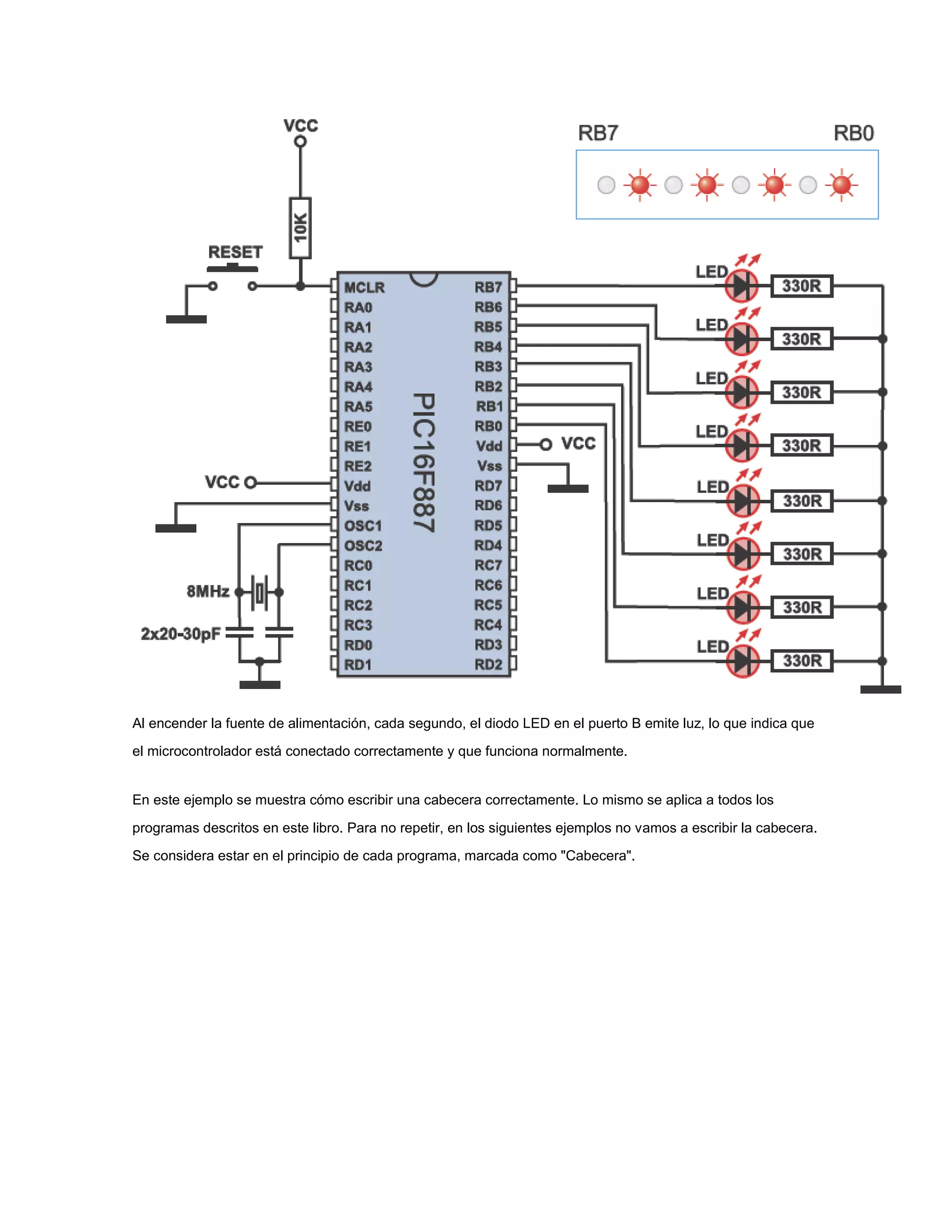 Al encender la fuente de alimentación, cada segundo, el diodo LED en el puerto B emite luz, lo que indica que
el microcontrolador está conectado correctamente y que funciona normalmente.

En este ejemplo se muestra cómo escribir una cabecera correctamente. Lo mismo se aplica a todos los
programas descritos en este libro. Para no repetir, en los siguientes ejemplos no vamos a escribir la cabecera.
Se considera estar en el principio de cada programa, marcada como "Cabecera".

 