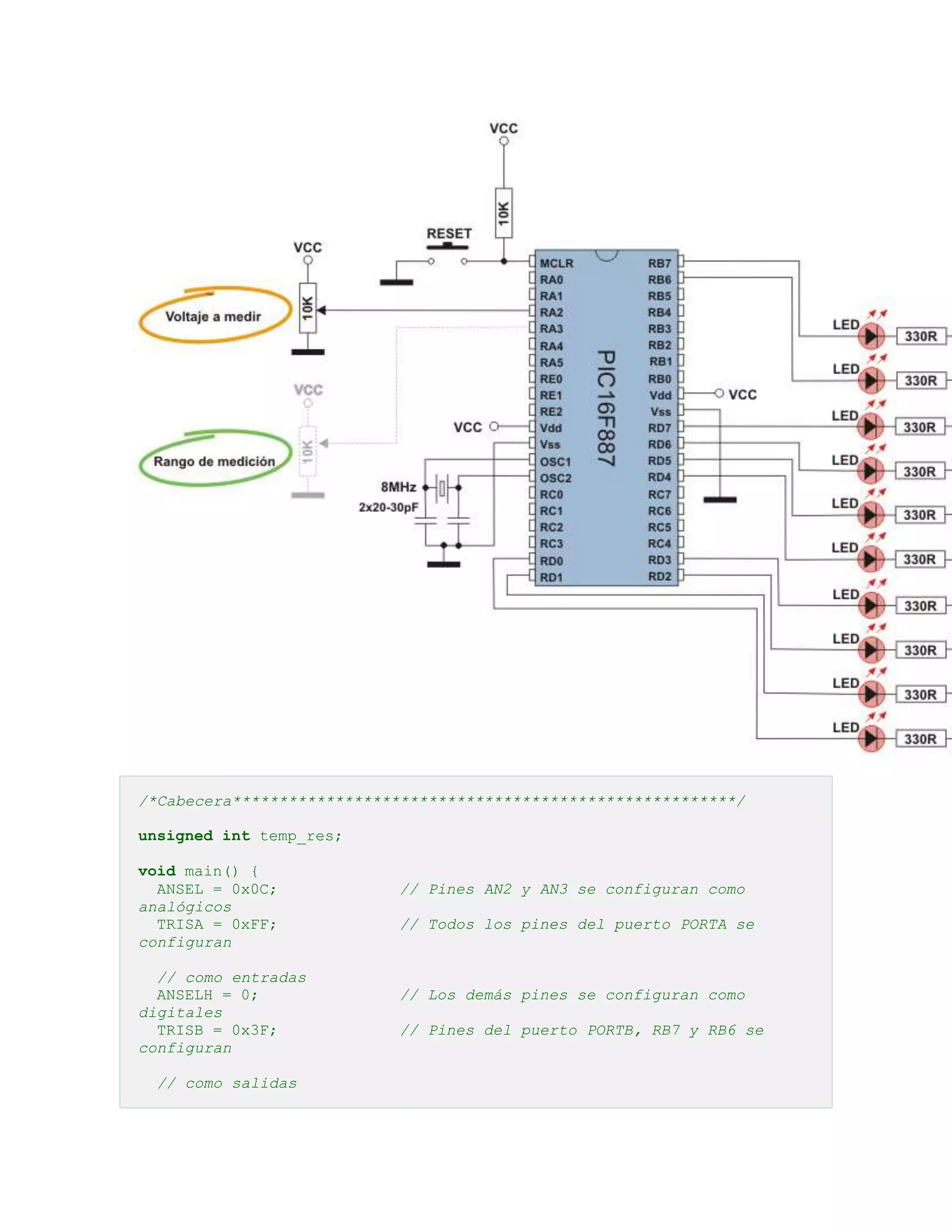 /*Cabecera******************************************************/
unsigned int temp_res;
void main() {
ANSEL = 0x0C;
analógicos
TRISA = 0xFF;
configuran
// como entradas
ANSELH = 0;
digitales
TRISB = 0x3F;
configuran
// como salidas

// Pines AN2 y AN3 se configuran como
// Todos los pines del puerto PORTA se

// Los demás pines se configuran como
// Pines del puerto PORTB, RB7 y RB6 se

 