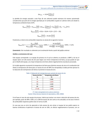 Agencia Chilena de Eficiencia Energética
Guía para calificación de consultores en Eficiencia Energética
| 12
* +
La pérdida de energía asociada a este flujo de aire adicional puede estimarse de manera aproximada
considerando que parte de la energía aportada por el combustible se gastó en calentar dicho aire desde la
temperatura ambiente hasta 215ºC.
̇ * + ̇ * + * + * + ( )[ ]
̇ * +
̇ * + * +
Finalmente, el ahorro de combustible respectivo se calcula de la siguiente manera:
[ ]
̇ [ ]
̇ [ ] * +
[ ]
[ ] * +
Comentario: Este resultado es coherente con la estimación hecha a partir del gráfico anterior.
Análisis y conclusiones del caso
Este equipo corresponde a un equipo de proceso en el cual se calienta un producto a 180ºC y tal vez el
equipo opera con alto exceso de aire para lograr una menor temperatura de llama, ya que puede ser que
por el diseño del equipo, una mayor temperatura de llama afecte negativamente al producto procesado.
En la tabla siguiente se presenta la temperatura de llama para distintos excesos de aire en la combustión del
Diesel; la temperatura de llama para un exceso de aire de 90ºC fue extrapolada; la tabla permite apreciar lo
la reducción de la temperatura de llama al aumentar el exceso de aire.
Tabla 1.5 Reducción de la temperatura por aumento de exceso de aire
Exceso de Aire
%
Temperatura de llama
ºC
0 2.080
20 1.870
50 1.630
80 1.450
(*) 90 1.408
(*) Valor extrapolado de los valores anteriores
Fuente: Fichas técnicas Industria III, Quemadores, 1995, CONAE
Si tal fuese el caso de este equipo de proceso, habría que evaluar una menor reducción del exceso de aire,
por ejemplo, pasar de 90% a 50% y no a 20% de exceso de aire como se ha calculado; en tal caso el ahorro
de combustible respectivo podría estar en torno al 2,0%.
En caso que sea un error de operación el alto exceso de aire actual, el equipo tal vez podría operar en
buenas condiciones al optimizar el exceso de aire en 20%, sin afectar negativamente el proceso, con un
 