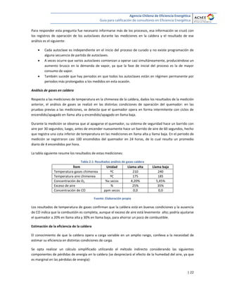 Agencia Chilena de Eficiencia Energética
Guía para calificación de consultores en Eficiencia Energética
| 22
Para responder esta pregunta fue necesario informarse más de los procesos, esa información se cruzó con
los registros de operación de los autoclaves durante las mediciones en la caldera y el resultado de ese
análisis es el siguiente:
 Cada autoclave es independiente en el inicio del proceso de curado y no existe programación de
alguna secuencia de partida de autoclaves.
 A veces ocurre que varios autoclaves comienzan a operar casi simultáneamente, produciéndose un
aumento brusco en la demanda de vapor, ya que la fase de inicial del proceso es la de mayor
consumo de vapor.
 También sucede que hay periodos en que todos los autoclaves están en régimen permanente por
periodos más prolongados a los medidos en esta ocasión.
Análisis de gases en caldera
Respecto a las mediciones de temperatura en la chimenea de la caldera, dados los resultados de la medición
anterior, el análisis de gases se realizó en las distintas condiciones de operación del quemador: en las
pruebas previas a las mediciones, se detecta que el quemador opera en forma intermitente con ciclos de
encendido/apagado en llama alta y encendido/apagado en llama baja.
Durante la medición se observa que al apagarse el quemador, su sistema de seguridad hace un barrido con
aire por 30 segundos; luego, antes de encender nuevamente hace un barrido de aire de 60 segundos, hecho
que registra una cota inferior de temperatura en las mediciones en llama alta y llama baja. En el periodo de
medición se registraron casi 100 encendidos del quemador en 24 horas, de lo cual resulta un promedio
diario de 4 encendidos por hora.
La tabla siguiente resume los resultados de estas mediciones:
Tabla 2.1: Resultados análisis de gases caldera
Ítem Unidad Llama alta Llama baja
Temperatura gases chimenea ºC 210 240
Temperatura aire chimenea ºC 175 185
Concentración de O2 %v secos 4,20% 5,45%
Exceso de aire % 25% 35%
Concentración de CO ppm secos 0,0 0,0
Fuente: Elaboración propia
Los resultados de temperatura de gases confirman que la caldera está en buenas condiciones y la ausencia
de CO indica que la combustión es completa, aunque el exceso de aire está levemente alto; podría ajustarse
el quemador a 20% en llama alta y 30% en llama baja, para ahorrar un poco de combustible.
Estimación de la eficiencia de la caldera
El conocimiento de que la caldera opera a carga variable en un amplio rango, conlleva a la necesidad de
estimar su eficiencia en distintas condiciones de carga.
Se opta realizar un cálculo simplificado utilizando el método indirecto considerando las siguientes
componentes de pérdidas de energía en la caldera (se despreciará el efecto de la humedad del aire, ya que
es marginal en las pérdidas de energía):
 