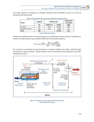 Agencia Chilena de Eficiencia Energética
Guía para calificación de consultores en Eficiencia Energética
| 33
En la tabla siguiente se presentan los resultados obtenidos para las pérdidas de calor en la línea de
distribución principal de vapor:
Tabla 2.12: Pérdida de calor en línea de distribución principal de vapor
Tramo
Longitud Pérdida calor
Condensado
en la línea
mt Kcal/h / m Kcal/h kg/h
sin aislar 50 473,3 23.665 48,4
aislada en 25 mm 50 42,4 2.120 4,3
Total 100 25.785 52,7
Fuente: Elaboración propia
El efecto de la pérdida de calor en la línea de vapor es la condensación del vapor (columna “condensado en
la línea” en la tabla anterior), cuya cantidad se determinó con la ecuación siguiente:
̇ * +
̇ [ ]
( ) * +
Por lo tanto de los 610 kg/h de vapor generados en la caldera condensan 52,7 kg/h y sólo 557,3 kg/h
corresponden a vapor de proceso. La figura siguiente ilustra los balances de masa y energía en los puntos
relevantes del sistema:
Figura 2.3: Balance de masa y energía del sistema de vapor
Fuente: Elaboración propia
557,3 kg/h
83,8 Mcal/h
170ºC
557,3 kg/h
357,4 Mcal/h
Pérdidas de calor
caldera
97,8 Mcal/h
Condensado
de línea
Vapor a proceso
Condensado
de proceso
100 mt
Pérdida de calor línea vapor
25,8 Mcal/h
610 kg/h
391,1 Mcal/h
Agua make-up
610 kg/h
0,0 Mcal/h
20ºC
Diesel
56,6 lt/h
488,9 Mcal/h
52,7 kg/h
7,9 Mcal/h
170ºC
Pérdidas de Condensado
Proceso
Producto
273,6 Mcal/h
Vapor útil
caldera
 
