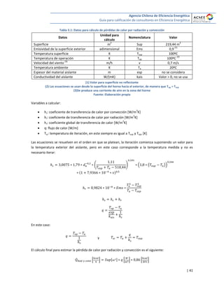 Agencia Chilena de Eficiencia Energética
Guía para calificación de consultores en Eficiencia Energética
| 41
Tabla 3.1: Datos para cálculo de pérdidas de calor por radiación y convección
Datos
Unidad para
cálculo
Nomenclatura Valor
Superficie m
2
Sup 219,44 m
2
Emisividad de la superficie exterior adimensional Ems 0,9
(1)
Temperatura superficie K Tsup 100ºC
Temperatura de operación K Top 100ºC
(2)
Velocidad del viento
(3)
m/h v 0,7 m/s
Temperatura ambiente K Ta 20ºC
Espesor del material aislante m esp no se considera
Conductividad del aislante W/(mK) kais Valor > 0, no se usa
(1) Valor para superficie no reflectante
(2) Las ecuaciones se usan desde la superficie del horno hacia el exterior, de manera que Top = Tsup
(3)Se produce una corriente de aire en la zona del horno
Fuente: Elaboración propia
Variables a calcular:
 hc: coeficiente de transferencia de calor por convección [W/m
2
K]
 hr: coeficiente de transferencia de calor por radiación [W/m
2
K]
 hs: coeficiente global de transferencia de calor [W/m
2
K]
 q: flujo de calor [W/m]
 Tsc: temperatura de iteración, en este siempre es igual a Tsup y Top, [K]
Las ecuaciones se resuelven en el orden en que se platean, la iteración comienza suponiendo un valor para
la temperatura exterior del aislante, pero en este caso corresponde a la temperatura medida y no es
necesario iterar:
( ) ( ( ))
En este caso:
y
El cálculo final para estimar la pérdida de calor por radiación y convección es el siguiente:
̇ * + [ ] * + * +
 
