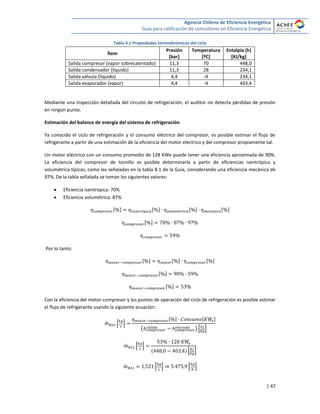 Agencia Chilena de Eficiencia Energética
Guía para calificación de consultores en Eficiencia Energética
| 47
Tabla 4.1 Propiedades termodinámicas del ciclo
Ítem
Presión
[bar]
Temperatura
[ºC]
Entalpía (h)
[KJ/kg]
Salida compresor (vapor sobrecalentado) 11,3 70 448,0
Salida condensador (líquido) 11,3 28 234,1
Salida válvula (líquido) 4,4 -4 234,1
Salida evaporador (vapor) 4,4 -4 403,4
Mediante una inspección detallada del circuito de refrigeración, el auditor no detecta pérdidas de presión
en ningún punto.
Estimación del balance de energía del sistema de refrigeración
Ya conocido el ciclo de refrigeración y el consumo eléctrico del compresor, es posible estimar el flujo de
refrigerante a partir de una estimación de la eficiencia del motor eléctrico y del compresor propiamente tal.
Un motor eléctrico con un consumo promedio de 128 KWe puede tener una eficiencia aproximada de 90%.
La eficiencia del compresor de tornillo es posible determinarla a partir de eficiencias isentrópica y
volumétrica típicas, como las señaladas en la tabla 8.1 de la Guía, considerando una eficiencia mecánica de
97%. De la tabla señalada se toman los siguientes valores:
 Eficiencia isentrópica: 70%
 Eficiencia volumétrica: 87%
[ ] [ ] [ ] [ ]
[ ]
Por lo tanto:
[ ] [ ] [ ]
[ ]
[ ]
Con la eficiencia del motor-compresor y los puntos de operación del ciclo de refrigeración es posible estimar
el flujo de refrigerante usando la siguiente ecuación:
̇ * +
[ ] [ ]
( ) * +
̇ * +
* +
̇ * + * +
 