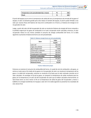 Agencia Chilena de Eficiencia Energética
Guía para calificación de consultores en Eficiencia Energética
| 56
Temperatura aire precalentado (Cp a mano) ºC 256
Pinch ºC 505
El pinch del equipo ocurre entre la temperatura de salida del aire y la temperatura de entrada de los gases al
equipo; el valor es bastante grande pero esto reduce el tamaño del equipo; el pinch queda limitado a ese
valor por razones físicas del balance de masa de la combustión en el horno y el balance de energía en el
recuperador de calor.
Luego, a partir del calor útil del recuperador de calor se recalcula el balance de energía del horno restando a
la pérdida original por los gases de combustión en el calor recuperado recién calculado; entonces, el calor
recuperado reduce en esa misma cantidad el consumo de energía combustible del horno. En la tabla
siguiente se presenta el balance de horno con aire precalentado:
Tabla 5.5: Balance energía horno con aire precalentado
Ítem
Valor
Kcal/h
Calor útil 760.500
Fugas aire caliente 202.774
Agua refrigeración 9.080
Convección y radiación 235.785
Ciclos enfriar calor 160.992
Energía gases combustión 464.411
Consumo combustible 1.833.541
Ahorro combustible 191.897
Porcentaje de ahorro 9,5%
Eficiencia horno 41,5%
Fuente: Elaboración propia
Entonces se recalcula el consumo de combustible del horno, el caudal de aire de combustión y de gases, se
estima un valor para el Cp medio de los gases en el recuperador de calor y se recalcula la temperatura de los
gases a la salida del recuperador; entonces se recalcula el Cp hasta que el valor estimado coincida con el
valor calculado. Al converger el Cp de los gases, se comparan la temperatura de salida resultante para los
gases con la temperatura y el calor útil del recuperador de calor que se habían calculado anteriormente; se
iteró hasta tener un error menor al 5% en la temperatura de salida de gases del recuperador y menor a
0,005% en la energía transferida en el equipo o calor útil. En la tabla siguiente se presentan los resultados de
este cálculo final.
 