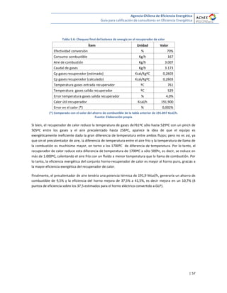 Agencia Chilena de Eficiencia Energética
Guía para calificación de consultores en Eficiencia Energética
| 57
Tabla 5.6: Chequeo final del balance de energía en el recuperador de calor
Ítem Unidad Valor
Efectividad conversión % 70%
Consumo combustible Kg/h 167
Aire de combustión Kg/h 3.007
Caudal de gases Kg/h 3.173
Cp gases recuperador (estimado) Kcal/KgºC 0,2603
Cp gases recuperador (calculado) Kcal/KgºC 0,2603
Temperatura gases entrada recuperador ºC 761
Temperatura gases salida recuperador ºC 529
Error temperatura gases salida recuperador % 4,0%
Calor útil recuperador Kcal/h 191.900
Error en el calor (*) % 0,002%
(*) Comparado con el valor del ahorro de combustible de la tabla anterior de 191.897 Kcal/h.
Fuente: Elaboración propia
Si bien, el recuperador de calor reduce la temperatura de gases de761ºC sólo hasta 529ºC con un pinch de
505ºC entre los gases y el aire precalentado hasta 256ºC, aparece la idea de que el equipo es
exergéticamente ineficiente dada la gran diferencia de temperatura entre ambos flujos; pero no es así, ya
que sin el precalentador de aire, la diferencia de temperatura entre el aire frío y la temperatura de llama de
la combustión es muchísimo mayor, en torno a los 1700ºC de diferencia de temperatura. Por lo tanto, el
recuperador de calor reduce esta diferencia de temperatura de 1700ºC a sólo 500ºc, es decir, se reduce en
más de 1.000ºC, calentando el aire frío con un fluido a menor temperatura que la llama de combustión. Por
lo tanto, la eficiencia exergética del conjunto horno-recuperador de calor es mayor al horno puro, gracias a
la mayor eficiencia exergética del recuperador de calor.
Finalmente, el precalentador de aire tendría una potencia térmica de 191,9 Mcal/h, generaría un ahorro de
combustible de 9,5% y la eficiencia del horno mejora de 37,5% a 41,5%, es decir mejora en un 10,7% (4
puntos de eficiencia sobre los 37,5 estimados para el horno eléctrico convertido a GLP).
 