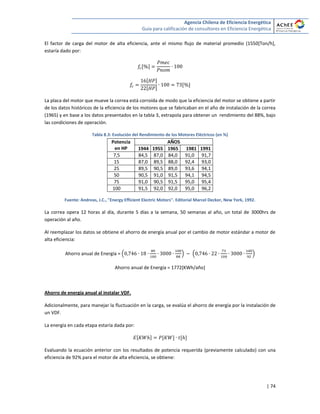 Agencia Chilena de Eficiencia Energética
Guía para calificación de consultores en Eficiencia Energética
| 74
El factor de carga del motor de alta eficiencia, ante el mismo flujo de material promedio (1550[Ton/h],
estaría dado por:
[ ]
[ ]
[ ]
[ ]
La placa del motor que mueve la correa está corroída de modo que la eficiencia del motor se obtiene a partir
de los datos históricos de la eficiencia de los motores que se fabricaban en el año de instalación de la correa
(1965) y en base a los datos presentados en la tabla 3, extrapola para obtener un rendimiento del 88%, bajo
las condiciones de operación.
Tabla 8.3: Evolución del Rendimiento de los Motores Eléctricos (en %)
Potencia
en HP
AÑOS
1944 1955 1965 1981 1991
7,5 84,5 87,0 84,0 91,0 91,7
15 87,0 89,5 88,0 92,4 93,0
25 89,5 90,5 89,0 93,6 94,1
50 90,5 91,0 91,5 94,1 94,5
75 91,0 90,5 91,5 95,0 95,4
100 91,5 92,0 92,0 95,0 96,2
Fuente: Andreas, J.C., "Energy Efficient Electric Motors". Editorial Marcel Decker, New York, 1992.
La correa opera 12 horas al día, durante 5 días a la semana, 50 semanas al año, un total de 3000hrs de
operación al año.
Al reemplazar los datos se obtiene el ahorro de energía anual por el cambio de motor estándar a motor de
alta eficiencia:
Ahorro anual de Energía = ( ) ( )
Ahorro anual de Energía = 1772[KWh/año]
Ahorro de energía anual al instalar VDF.
Adicionalmente, para manejar la fluctuación en la carga, se evalúa el ahorro de energía por la instalación de
un VDF.
La energía en cada etapa estaría dada por:
[ ] [ ] [ ]
Evaluando la ecuación anterior con los resultados de potencia requerida (previamente calculado) con una
eficiencia de 92% para el motor de alta eficiencia, se obtiene:
 