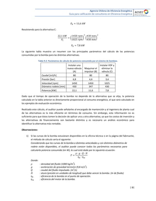 Agencia Chilena de Eficiencia Energética
Guía para calificación de consultores en Eficiencia Energética
| 81
Resolviendo para la alternativa C:
( ) ( )
La siguiente tabla muestra un resumen con los principales parámetros del cálculo de las potencias
consumidas por la bomba para las distintas alternativas.
Tabla 9.2: Parámetros de cálculo de potencia consumida por el sistema de bombeo.
Instalar una
nueva válvula
(A)
Maquinar el
impulsor (B)
Instalar VDF y
eliminar la
válvula (C)
Caudal [m3/h] 80 80 80
Presión [bar] 6,8 4,4 3,4
Velocidad [rpm] 1450 1450 1025
Diámetro rodete [mm] 430 347 430
Potencia [KW] 22,1 11,6 7,8
Dado que el tiempo de operación de la bomba no depende de la alternativa que se elija, la potencia
calculada en la tabla anterior es directamente proporcional al consumo energético, el que será calculado en
los ejemplos de evaluación económica.
Realizado este cálculo, el auditor puede señalarles al encargado de mantención y al ingeniero de planta cual
de las alternativas es la más eficiente en términos de consumo. Sin embargo, esta información no es
suficiente para que éstos tomen la decisión de aplicar una u otra alternativa, ya que los costos de inversión y
las alternativas de financiamiento son bastante distintos y es necesario un análisis económico para
identificar la alternativa más rentable.
Observaciones:
1) Si las curvas de la bomba estuviesen disponibles en la oficina técnica o en la página del fabricante,
el método de cálculo sería el siguiente:
Considerando que las curvas de la bomba a distintas velocidades y con distintos diámetros de
rodete están disponibles, el auditor puede conocer todos los parámetros necesarios para
calcularla potencia consumida (en W), la cual está dada por la siguiente ecuación:
Donde:
: densidad del fluido (1000 kg/m
3
).
: aceleración de gravedad terrestre (9,8 m/s
2
).
: caudal del fluido impulsado. (m
3
/s)
: atura (presión en unidades de longitud) que debe vencer la bomba. (m de fluido)
: eficiencia de la bomba en el punto de operación.
: eficiencia del motor de la bomba.
 