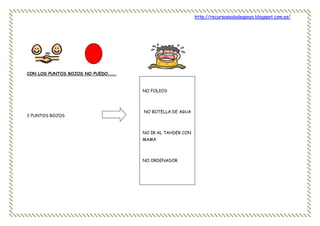 http://recursosauladeapoyo.blogspot.com.es/
CON LOS PUNTOS ROJOS NO PUEDO………
2 PUNTOS ROJOS
NO FOLIOS
NO BOTELLA DE AGUA
NO IR AL TAHDER CON
MAMA
NO ORDENADOR
 