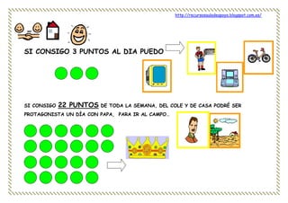 http://recursosauladeapoyo.blogspot.com.es/
SI CONSIGO 3 PUNTOS AL DIA PUEDO
SI CONSIGO 22 PUNTOS DE TODA LA SEMANA, DEL COLE Y DE CASA PODRÉ SER
PROTAGONISTA UN DÍA CON PAPA, PARA IR AL CAMPO…
 