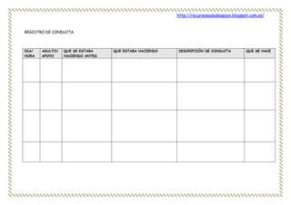 http://recursosauladeapoyo.blogspot.com.es/
REGISTRO DE CONDUCTA.
DIA/
HORA
ADULTO/
APOYO
QUE SE ESTABA
HACIENDO ANTES
QUE ESTABA HACIENDO DESCRIPCIÓN DE CONDUCTA QUE SE HACE
 
