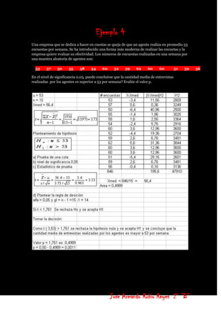 Ejemplo 4
Una empresa que se dedica a hacer en cuestas se queja de que un agente realiza en promedio 53
encuestas por semana. Se ha introducido una forma más moderna de realizar las encuetas y la
empresa quiere evaluar su efectividad. Los números de encuestas realizadas en una semana por
una muestra aleatoria de agentes son:

  53     57    50      55    58     54     60      52     59     62     60     60          51   59   56

En el nivel de significancia 0,05, puede concluirse que la cantidad media de entrevistas
realizadas por los agentes es superior a 53 por semana? Evalúe el valor p.




                                                José Armando Rubio Reyes 2° ”B”
 