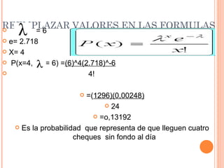 REEMPLAZAR VALORES EN LAS FORMULAS
    =6
 e= 2.718
 X= 4

 P(x=4,   = 6) =(6)^4(2.718)^-6
                       4!

                        =(1296)(0,00248)
                                24

                            =o,13192

     Es la probabilidad que representa de que lleguen cuatro
                      cheques sin fondo al día
 