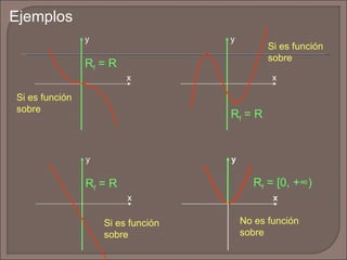 Si es función sobre No es función sobre Si es función sobre Si es función sobre Ejemplos x y R f  = R y x R f  = R y x R f  = R y x R f  = [0, + ∞) y x 
