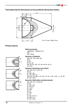Torneado interior de tramos curvos y exterior de tramos rectos.

Dim. en bruto Ø80x114mm

Primer amarre:
Definir el cero pieza
(ORGX54=0, ORGZ54=112)
G54
G92 S2200
Operación 1 (Taladrado)
G94 G97 F90 S600 M4
Z150
T9 D9
G0 X0 Z8
G83 X0 Z0 I45.773 B9 D4 K0 H0 C1
G0 Z150
Operación 2 (Cilindrado curvo interior)
G95 G96 F0.2 S120 M4
T8 D8
G0 X20 Z20
G1 G41 X18 Z5
G84 X70 Z0 Q20 R-33.541 C2 L0.3 M0.3 H0.1 I-35 K0
G0 G40 Z150
Operación 3 (Refrentado y cilindrado exterior)
G95 G96 F0.2 S180 M4
T2 D2
G0 X90 Z20
G1 X78 Z5
G1 Z-40
G1 X85
G0 Z0
G1 X66
G1 Z5
G1 G42 X72 Z1
G1 X80 Z-3
G0 G40 Z150

12

MANUAL

DE EJEMPLOS

-T-

 