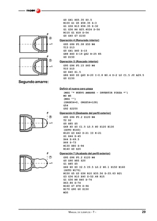 G0 G41 X65.35 Z0.5
N100 G1 G5 X58.35 Z-3
G1 G36 R13 X58.35 Z-32
G1 G36 R6 X25.4024 Z-54
N110 G1 X18 Z-54
G0 G40 G7 Z150
Operación 4 (Ranurado interior)
G95 G96 F0.08 S50 M4
T13 D13
G0 G41 X40 Z-15
G88 X60 Z-19 Q62 R-25 K5
G0 Z150
Operación 5 (Roscado interior)
G95 G96 F0.15 S60 M4
T10 D10
G0 X40 Z1.5
G86 X60 Z0 Q60 R-20 I-0.8 B0.4 D-2 L0 C1.5 J0 A29.5
G0 Z150

Segundo amarre:
Definir el nuevo cero pieza
(MSG “* NUEVO AMARRE - INVERTIR PIEZA *”)
M0 M5
(MSG “”)
(ORGX54=0, ORGZ54=128)
G54
G92 S2200
Operación 6 (Desbaste del perfil exterior)
G95 G96 F0.2 S120 M4
T2 D2
G0 X85 Z5
G68 X0 Z0 C1.5 L0.5 H0 S120 E130
(GOTO N140)
N120 G3 X42 Z-21 I0 K-21
G1 X44 Z-45
X44 Z-69.5
X66 Z-73
N130 X80 Z-94
N140 G0 Z20
Operación 7 (Acabado del perfil exterior)
G95 G96 F0.2 S120 M4
G0 G90 X85 Z20
G1 X85 Z5
G66 X0 Z0 I2.5 C0.5 L0.2 H0.1 S150 E160
(GOTO N170)
N150 G5 G3 G36 R10 X33.56 Z-33.63 R21
G3 G36 R10 X40 Z-52.48 R15
G1 G36 R8 X40 Z-74
X63.86 Z-74
N160 G7 X78 Z-94
N170 G90 G0 Z150
M30

MANUAL

DE EJEMPLOS

-T-

29

 