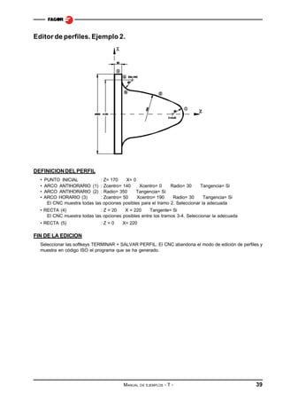 Editor de perfiles. Ejemplo 2.

DEFINICION DEL PERFIL
•
•
•
•

PUNTO INICIAL
: Z= 170
X= 0
ARCO ANTIHORARIO (1) : Zcentro= 140
Xcentro= 0
Radio= 30
Tangencia= Si
ARCO ANTIHORARIO (2) : Radio= 350
Tangencia= Si
ARCO HORARIO (3)
: Zcentro= 50
Xcentro= 190
Radio= 30
Tangencia= Si
El CNC muestra todas las opciones posibles para el tramo 2. Seleccionar la adecuada

• RECTA (4)
: Z = 20
X = 220
Tangente= Si
El CNC muestra todas las opciones posibles entre los tramos 3-4. Seleccionar la adecuada
• RECTA (5)

:Z=0

X= 220

FIN DE LA EDICION
Seleccionar las softkeys TERMINAR + SALVAR PERFIL. El CNC abandona el modo de edición de perfiles y
muestra en código ISO el programa que se ha generado.

MANUAL

DE EJEMPLOS

-T-

39

 