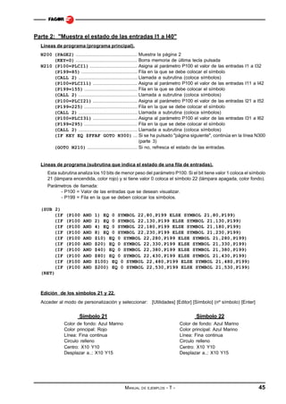 Parte 2: "Muestra el estado de las entradas I1 a I40"
Líneas de programa (programa principal).
N200 (PAGE2) ........................................... Muestra la página 2
(KEY=0) ........................................... Borra memoria de última tecla pulsada
N210 (P100=PLCI1) ................................. Asigna al parámetro P100 el valor de las entradas I1 a I32
(P199=85) ....................................... Fila en la que se debe colocar el símbolo
(CALL 2) ......................................... Llamada a subrutina (coloca símbolos)
(P100=PLCI11) ............................... Asigna al parámetro P100 el valor de las entradas I11 a I42
(P199=155) ..................................... Fila en la que se debe colocar el símbolo
(CALL 2) ......................................... Llamada a subrutina (coloca símbolos)
(P100=PLCI21) ............................... Asigna al parámetro P100 el valor de las entradas I21 a I52
(P199=225) ..................................... Fila en la que se debe colocar el símbolo
(CALL 2) ......................................... Llamada a subrutina (coloca símbolos)
(P100=PLCI31) ............................... Asigna al parámetro P100 el valor de las entradas I31 a I62
(P199=295) ..................................... Fila en la que se debe colocar el símbolo
(CALL 2) ......................................... Llamada a subrutina (coloca símbolos)
(IF KEY EQ $FFAF GOTO N300) ... Si se ha pulsado "página siguiente", continúa en la línea N300
(parte 3)
(GOTO N210) ................................... Si no, refresca el estado de las entradas.

Líneas de programa (subrutina que indica el estado de una fila de entradas).
Esta subrutina analiza los 10 bits de menor peso del parámetro P100. Si el bit tiene valor 1 coloca el símbolo
21 (lámpara encendida, color rojo) y si tiene valor 0 coloca el símbolo 22 (lámpara apagada, color fondo).
Parámetros de llamada:
- P100 = Valor de las entradas que se desean visualizar.
- P199 = Fila en la que se deben colocar los símbolos.
(SUB 2)
(IF
(IF
(IF
(IF
(IF
(IF
(IF
(IF
(IF
(IF
(RET)

(P100
(P100
(P100
(P100
(P100
(P100
(P100
(P100
(P100
(P100

AND
AND
AND
AND
AND
AND
AND
AND
AND
AND

1) EQ 0 SYMBOL 22,80,P199 ELSE SYMBOL 21,80,P199)
2) EQ 0 SYMBOL 22,130,P199 ELSE SYMBOL 21,130,P199)
4) EQ 0 SYMBOL 22,180,P199 ELSE SYMBOL 21,180,P199)
8) EQ 0 SYMBOL 22,230,P199 ELSE SYMBOL 21,230,P199)
$10) EQ 0 SYMBOL 22,280,P199 ELSE SYMBOL 21,280,P199)
$20) EQ 0 SYMBOL 22,330,P199 ELSE SYMBOL 21,330,P199)
$40) EQ 0 SYMBOL 22,380,P199 ELSE SYMBOL 21,380,P199)
$80) EQ 0 SYMBOL 22,430,P199 ELSE SYMBOL 21,430,P199)
$100) EQ 0 SYMBOL 22,480,P199 ELSE SYMBOL 21,480,P199)
$200) EQ 0 SYMBOL 22,530,P199 ELSE SYMBOL 21,530,P199)

Edición de los símbolos 21 y 22.
Acceder al modo de personalización y seleccionar: [Utilidades] [Editor] [Símbolo] (nº símbolo) [Enter]

Símbolo 21

Símbolo 22

Color de fondo: Azul Marino
Color principal: Rojo
Línea: Fina continua
Circulo relleno
Centro: X10 Y10
Desplazar a..: X10 Y15

Color de fondo: Azul Marino
Color principal: Azul Marino
Línea: Fina continua
Circulo relleno
Centro: X10 Y10
Desplazar a..: X10 Y15

MANUAL

DE EJEMPLOS

-T-

45

 