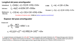 Longitud del pozo amortiguador
L Longitud del pozo amortiguador (m), d1 y d2 Tirantes conjugados del resalto hidráulico (m), H Carga del agua para máximas
avenidas (m), F1 Número de Froude en la sección 1. ep el espesor del pozo amortiguador (m), q Caudal unitario que pasa por
el azud (m3/s/m); z Diferencia de niveles aguas arriba y aguas abajo del azud (m), Krochin (1978) mínimo 0,3 m.
    
2 1
5 6 5.5 2.85 0.554 12.62
p
L a d d m
    
1 1
6 6 0.554 3.97 19.81
p
L dF m
    
   
2 1
5 5 2.85 0.554 11.47
p
L d d m
    
2
4 4 2.85 11.39
p
L d m
   
   
2 1
2.5 1.4 2.5 1.4 2.85 0.554 8.58
p
L d d m
     
Espesor del pozo amortiguador
Traimovich
Schoklitsch
Safranez
USBR
Baklmnetev
-Martzke
Pavloski
3
m
ax 80.21 4.05 /
19.81
p
Q
q m s m
L
   
   
0.25 0.25
2
0.2 0.2 4.05 3.39 2.85 0.5
p
e q H d m
    
Considero el máximo valor: 19.81 m (valorar aspectos económicos)
 