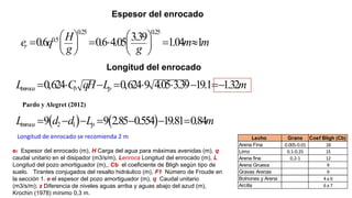 Espesor del enrocado
0.25 0.25
0.5 3.39
0.6 0.6 4.05 1.04 1
r
H
e q m m
g g
   
    
   
   
er Espesor del enrocado (m), H Carga del agua para máximas avenidas (m), q
caudal unitario en el disipador (m3/s/m), Lenroca Longitud del enrocado (m), L
Longitud del pozo amortiguador (m),, Cb el coeficiente de Bligh según tipo de
suelo. Tirantes conjugados del resalto hidráulico (m), F1 Número de Froude en
la sección 1. e el espesor del pozo amortiguador (m), q Caudal unitario
(m3/s/m); z Diferencia de niveles aguas arriba y aguas abajo del azud (m),
Krochin (1978) mínimo 0,3 m.
0,624 0,624 9 4.05 3.39 19.1 1.32
enroca b p
L C qH L m
       
Longitud del enrocado
Lecho Grano Coef Bligh (Cb)
Arena Fina 0.005-0.01 18
Limo 0.1-0.25 15
Arena fina 0.2-1 12
Arena Gruesa 9
Gravas Arenas 9
Bolnones y Arena 4 a 6
Arcilla 6 a 7
   
2 1
9 9 2.85 0.554 19.81 0.84
enroca p
L d d L m
      
Pardo y Alegret (2012)
Longitud de enrocado se recomienda 2 m
 