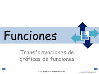 Funciones
Resumen Transformaciones
de Gráficas de Funciones

1

© L2DJ Temas de Matemáticas Inc.

www.matematicaspr.com

 