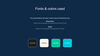 This presentation has been made using the following fonts:
Krona One
(https://fonts.google.com/specimen/Krona+One)
Varta
(...