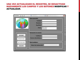 UNA VEZ ACTUALIZADO EL REGISTRO, SE DESACTIVAN
NUEVAMENTE LOS CAMPOS Y LOS BOTONES MODIFICAR Y
ACTUALIZAR.
 