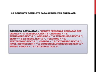CONSULTA_ACTUALIZAR = "UPDATE PERSONAS_CENSADAS SET
CEDULA = " & TXTCEDULA.TEXT & ", NOMBRE = '" &
TXTNOMBRE.TEXT & "', APELLIDO = '" & TXTAPELLIDO.TEXT & "',
SEXO = '" & LISTSEXO.TEXT & "', TELEFONO = '" &
TXTTELEFONO.TEXT & "', CORREO = '" & TXTCORREO.TEXT & "',
NIVEL_INSTRUCCION = '" & COMBONIVELINSTRUCCION.TEXT & "'
WHERE CEDULA = " & TXTCEDULA.TEXT & " "
LA CONSULTA COMPLETA PARA ACTUALIZAR QUEDA ASÍ:
 