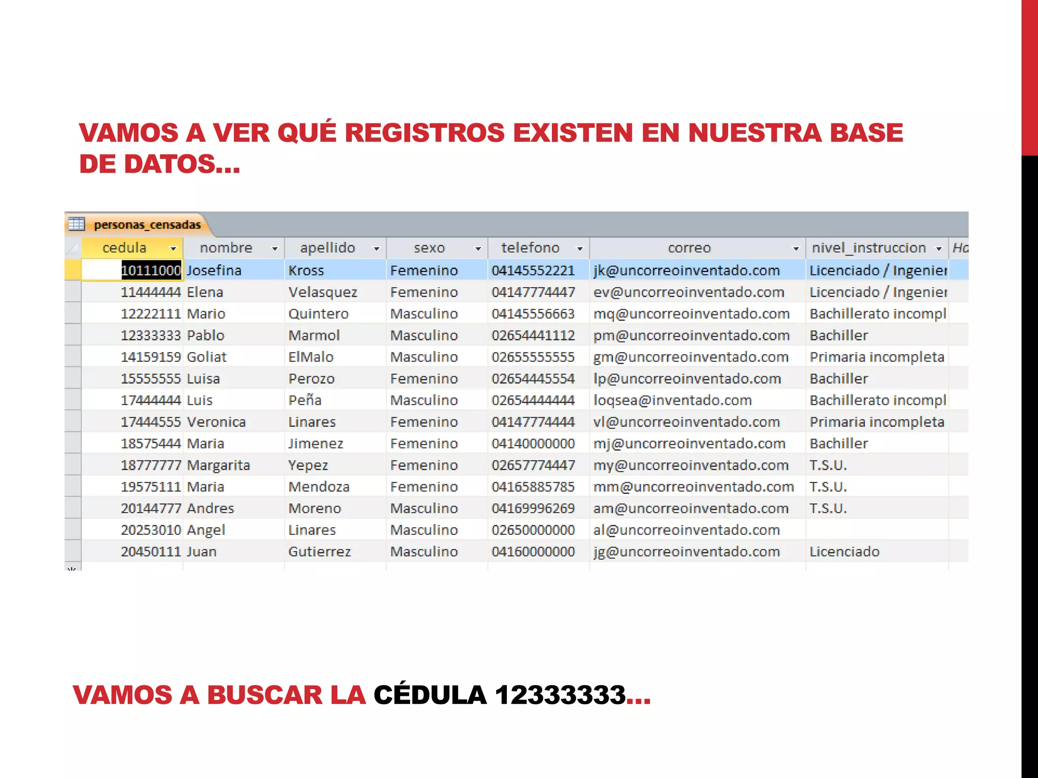 VAMOS A VER QUÉ REGISTROS EXISTEN EN NUESTRA BASE
DE DATOS…
VAMOS A BUSCAR LA CÉDULA 12333333…
 