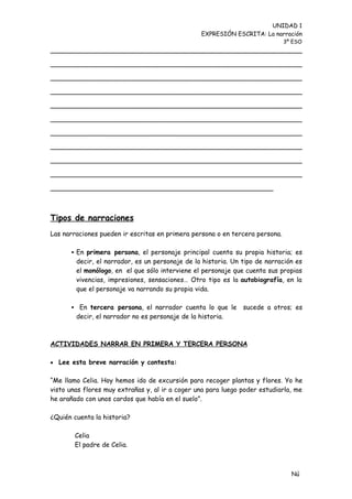 UNIDAD 1
                                                  EXPRESIÓN ESCRITA: La narración
                                                                              3º ESO
_____________________________________________________________

_____________________________________________________________

_____________________________________________________________

_____________________________________________________________

_____________________________________________________________

_____________________________________________________________

_____________________________________________________________

_____________________________________________________________

_____________________________________________________________

_____________________________________________________________

______________________________________________________



Tipos de narraciones
Las narraciones pueden ir escritas en primera persona o en tercera persona.

       En primera persona, el personaje principal cuenta su propia historia; es
        decir, el narrador, es un personaje de la historia. Un tipo de narración es
        el monólogo, en el que sólo interviene el personaje que cuenta sus propias
        vivencias, impresiones, sensaciones… Otro tipo es la autobiografía, en la
        que el personaje va narrando su propia vida.

       En tercera persona, el narrador cuenta lo que le       sucede a otros; es
        decir, el narrador no es personaje de la historia.



ACTIVIDADES NARRAR EN PRIMERA Y TERCERA PERSONA

 Lee esta breve narración y contesta:


“Me llamo Celia. Hoy hemos ido de excursión para recoger plantas y flores. Yo he
visto unas flores muy extrañas y, al ir a coger una para luego poder estudiarla, me
he arañado con unos cardos que había en el suelo”.

¿Quién cuenta la historia?

        Celia
        El padre de Celia.



                                                                                Nú
                                                                                me
 