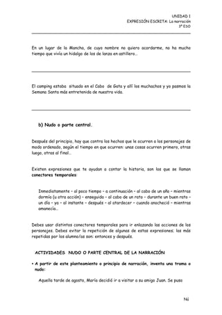 UNIDAD 1
                                                 EXPRESIÓN ESCRITA: La narración
                                                                             3º ESO
_____________________________________________________________


En un lugar de la Mancha, de cuyo nombre no quiero acordarme, no ha mucho
tiempo que vivía un hidalgo de los de lanza en astillero…


_____________________________________________________________


El camping estaba situado en el Cabo de Gata y allí los muchachos y yo pasmos la
Semana Santa más entretenida de nuestra vida.


_____________________________________________________________



   b) Nudo o parte central.


Después del principio, hay que contra los hechos que le ocurren a los personajes de
modo ordenado, según el tiempo en que ocurren: unas cosas ocurren primero, otras
luego, otras al final…


Existen expresiones que te ayudan a contar la historia, son los que se llaman
conectores temporales:


   Inmediatamente – al poco tiempo – a continuación – al cabo de un año – mientras
   dormía (u otra acción) – enseguida – al cabo de un rato – durante un buen rato –
   un día – ya – al instante – después – al atardecer – cuando anocheció – mientras
   amanecía…


Debes usar distintos conectores temporales para ir enlazando las acciones de los
personajes. Debes evitar la repetición de algunas de estas expresiones; las más
repetidas por los alumno/as son: entonces y después.


 ACTIVIDADES NUDO O PARTE CENTRAL DE LA NARRACIÓN

 A partir de este planteamiento o principio de narración, inventa una trama o
 nudo:

   Aquella tarde de agosto, María decidió ir a visitar a su amigo Juan. Se puso



                                                                                  Nú
                                                                                  me
 