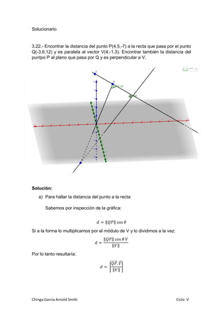 Chinga García Arnold Smith Ciclo: V
Solucionario
3.22.- Encontrar la distancia del punto P(4,5,-7) a la recta que pasa por el punto
Q(-3,6,12) y es paralela al vector V(4,-1,3). Encontrar también la distancia del
puntpo P al plano que pasa por Q y es perpendicular a V.
Solución:
a) Para hallar la distancia del punto a la recta:
Sabemos por inspección de la gráfica:
𝑑 = ‖ 𝑄𝑃‖ cos 𝜃
Si a la forma lo multiplicamos por el módulo de V y lo dividimos a la vez:
𝑑 =
‖ 𝑄𝑃‖ cos 𝜃 𝑉
‖ 𝑉‖
Por lo tanto resultaría:
𝑑 = |
𝑄𝑃⃗⃗⃗⃗⃗ . 𝑉⃗
‖ 𝑉‖
|
 