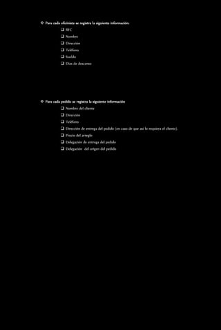  Para cada oficinista se registra la siguiente información:
              RFC
              Nombre
              Dirección
              Teléfono
              Sueldo
              Días de descanso




 Para cada pedido se registra la siguiente información
              Nombre del cliente
              Dirección
              Teléfono
              Dirección de entrega del pedido (en caso de que así lo requiera el cliente).
              Precio del arreglo
              Delegación de entrega del pedido
              Delegación del origen del pedido
 