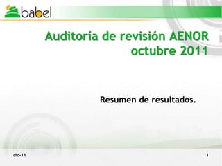 Auditoría de revisión AENOR
                        octubre 2011


                  Resumen de resultados.




dic-11                                     1
 
