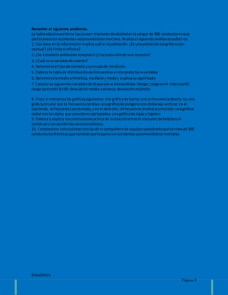 Estadística
Página 9
Resuelve el siguiente problema.
La tablaadjuntacontiene lasconcen-tracionesde alcoholenlasangre de 300 conductoresque
participaronenaccidentesautomovilísticosmortales.Realizael siguiente análisisestadísti-co.
1. Con base enla informaciónexplicacuál eslapoblación.¿Es unapoblacióntangible ocon-
ceptual?¿Esfinitao infinita?
2. ¿Se estudiólapoblacióncompleta?¿Ose trata sólode una muestra?
3. ¿Cuál esla variable de interés?
4. Determinael tipode variable ysuescalade medición.
5. Elabora la tablade distribuciónde frecuenciase interpretalosresultados
6. Determinalamediaaritmética,medianaymoday explicasusignificado
7. Calculalas siguientesvariablesde dispersióne interprétalas:Rango;rangosemi-intercuartil;
rango percentil 10-90; desviaciónmedia;varianza;desviaciónestándar
8. Traza e interpretalasgráficassiguientes:Unagráficade barras con lafrecuenciaabsolu-ta;una
gráficacircular con la frecuenciarelativa;unagráficade polígonocondoble eje vertical:enel
izquierdo,lafrecuenciaacumulada,yenel derecho,lafrecuenciarelativaacumulada;unagráfica
radial con losdatos que consideresapropiados;unagráficade cajasy bigotes
9. Elabora y explicatusconclusionesacercade larelaciónentre el consumode bebidasal-
cohólicasylos accidentesautomovilísticos.
10. Comparatus conclusionesconlasde tu compañerode equiposuponiendoque se tratade 300
conductoresdistintosque tambiénparticiparonenaccidentesautomovilísticosmortales.
 