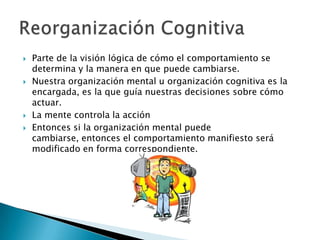    Parte de la visión lógica de cómo el comportamiento se
    determina y la manera en que puede cambiarse.
   Nuestra organización mental u organización cognitiva es la
    encargada, es la que guía nuestras decisiones sobre cómo
    actuar.
   La mente controla la acción
   Entonces si la organización mental puede
    cambiarse, entonces el comportamiento manifiesto será
    modificado en forma correspondiente.
 